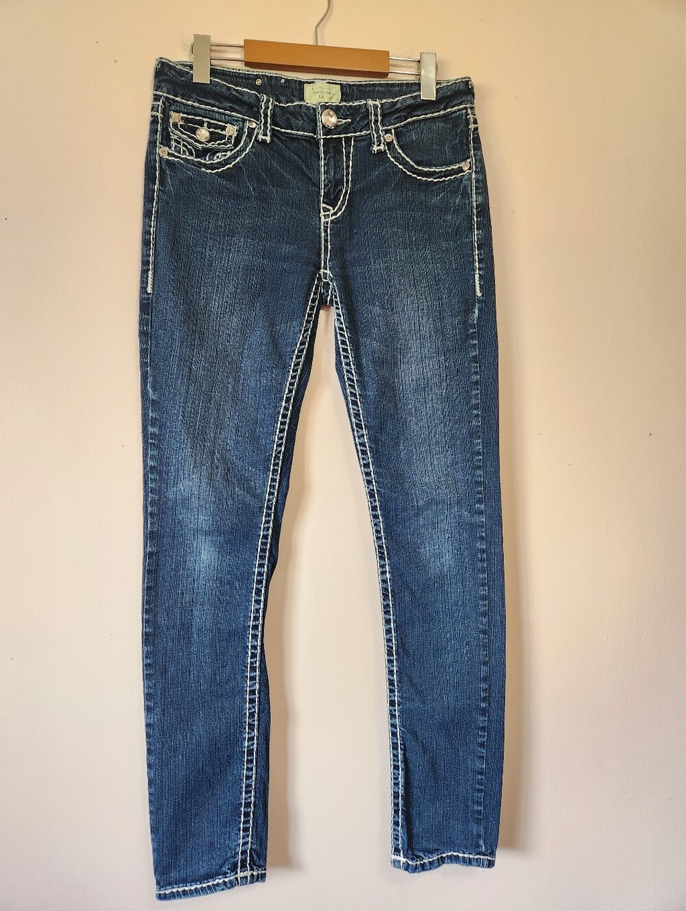Y2K LA Idol Rhinestone Flap Pocket Thick Stitch Dark Wash Jeans Size 9/31 EUC